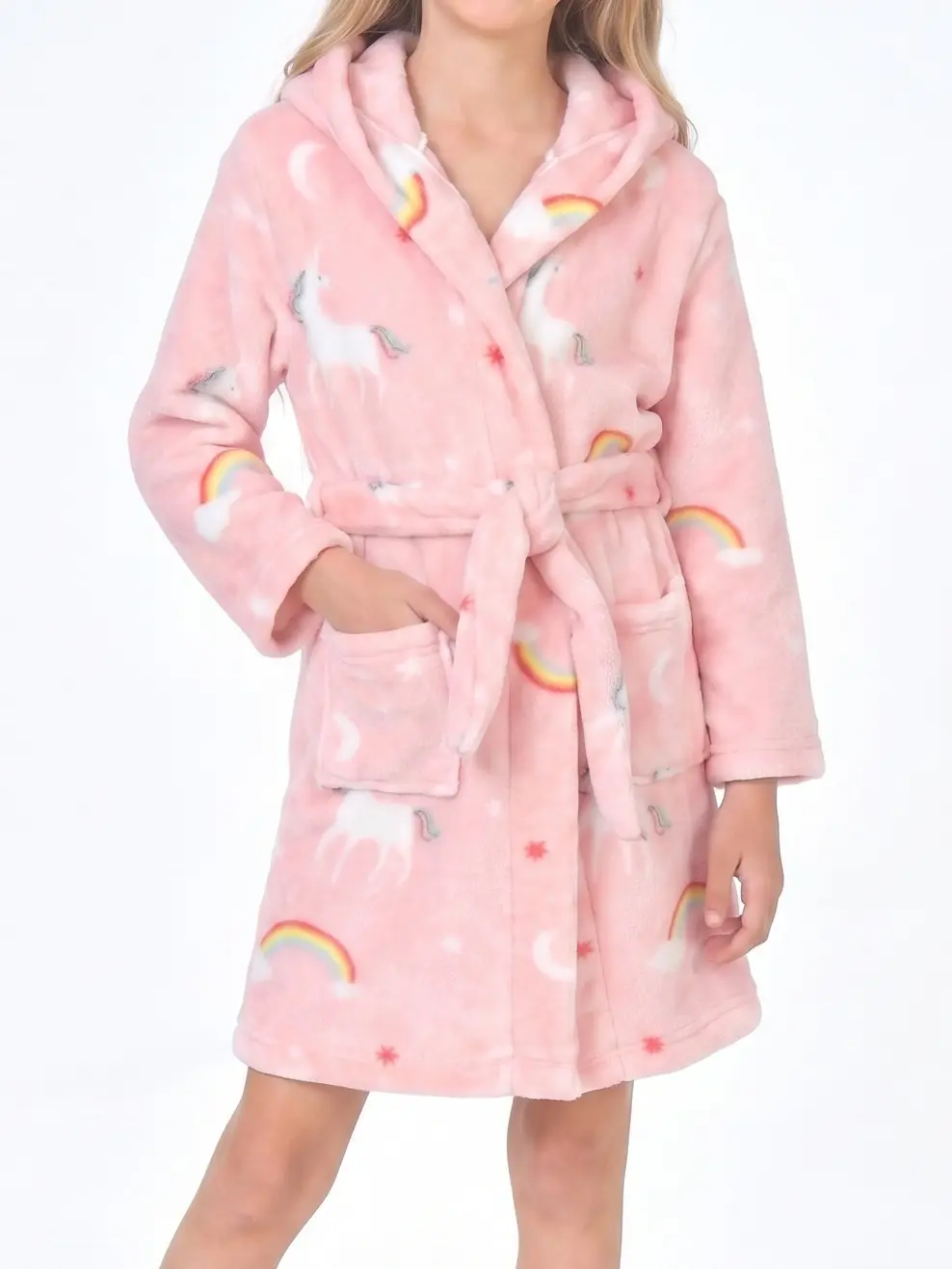 Girls' Unicorn Rainbow Flannel Bathrobe - Soft Plush Hooded Cartoon Colorful Sleepwear for Kids with Pockets & Belt, Adjustable Polyester Long Wrap with Intimate Practical Design for Fairy Tale Time