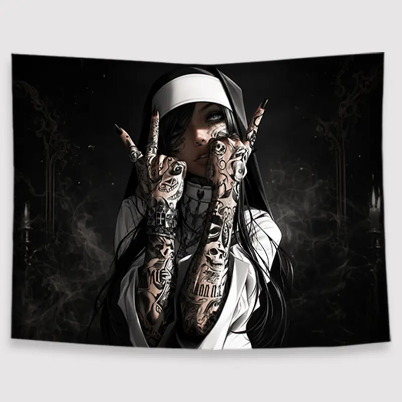 Gothic Tattooed Nun Decorative Tapestry - Dark Alternative Black-White Female Portrait Fabric Wall Hanging, Moody Home Decor for Bedroom, Gaming Room