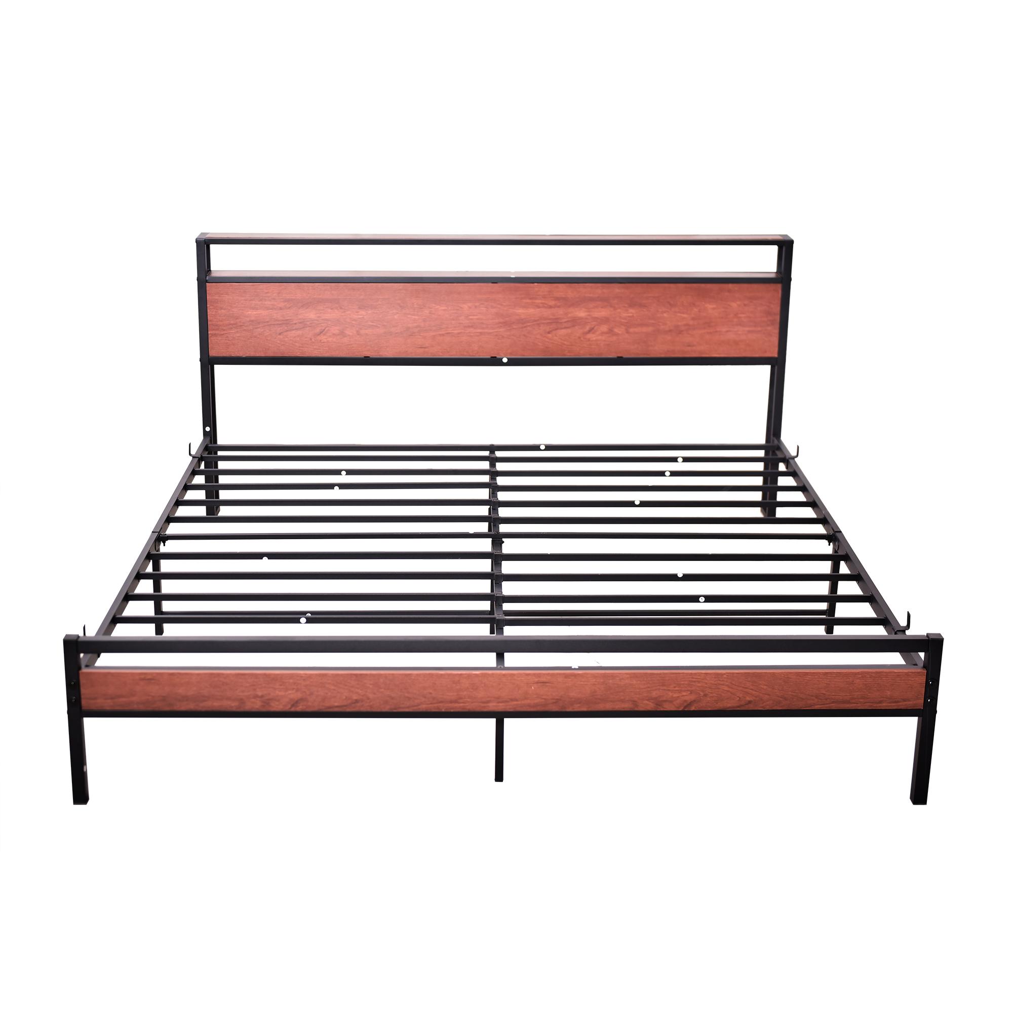 Different Size Metal Platform Bed Frame with Wooden Headboard and Footboard. Features robust metal slat support, no box spring required, delivering exceptional stability and a streamlined, modern aesthetic for your bedroom.