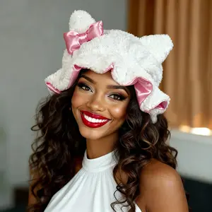 Valentine's Day Gift Teddy Bear Winter Bonnet For Sleeping Satin Lining with Cozy Comfort & Frizz-Free Hair Care Luxury White Teddy Satin-Lined Bonnet - Soft Sleep Cap for Daily Hair Protection