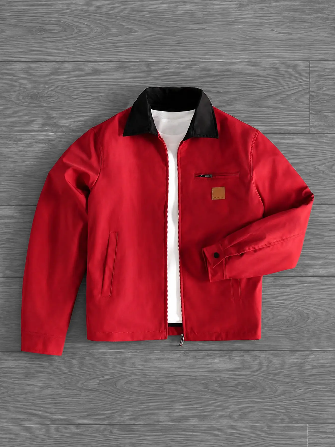 Men's Plain Polyester Collared Zipper Jacket - Trendy Outerwear, Lightweight Foldable Portable Utility Top with Contrast Collar, Chest Zip Pocket, Snap Cuffs for Spring Fall Work (Modern Casual, Portable Outdoor Plain Fabric Men's Lightweight Jackets)