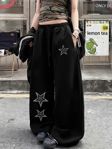 Black Rhinestone Star Oversized Wide-Leg Sweatpants - Y2K Street Bottoms, 2026 Trending Streetwear, Soft Fabric Perfect for Dance & Daily Outings, Bold Sparkly Print That Stands Out, Versatile Relaxed Fit, Casual Fashion Pants