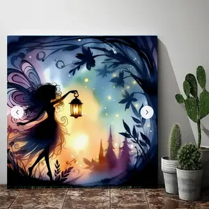 5D Full Drill Diamond Painting Kit - Enchanting Silhouette Fairy with Lantern in Twilight Enchanted Forest, Magical Watercolor Style with Glowing Fireflies & Foliage, Round Acrylic Diamonds, Fantasy Mosaic Art for Bedroom & Nursery Decor, Gift for Fairy T