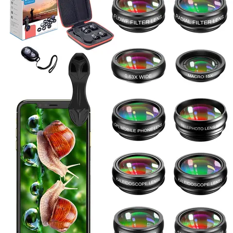 10-in-1 Smartphone Lens Kit with Clip Installation - Macro, Wide, Fisheye, Telephoto Lenses; CPL, Flow, Radial, Star Filters; 3/6 Kaleidoscope Lenses + Remote Shutter for Enhanced Photography, iPhone, Android (Samsung, LG) Compatibility (Back to School)
