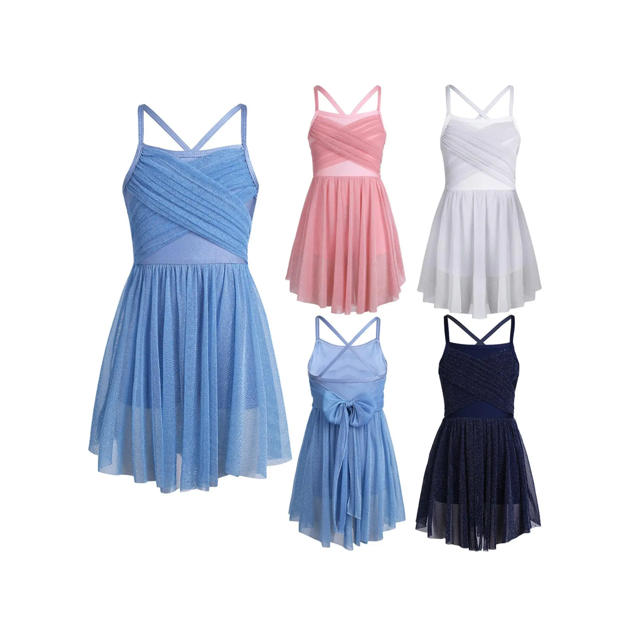 Girls' Polyester Glittery Mesh Strap Ballet Dance Leotard Dress - Ruffled Mesh Skirt, Elastic Waist, Sash Ties, Hand-Wash Compatible Gymnastic Dancewear