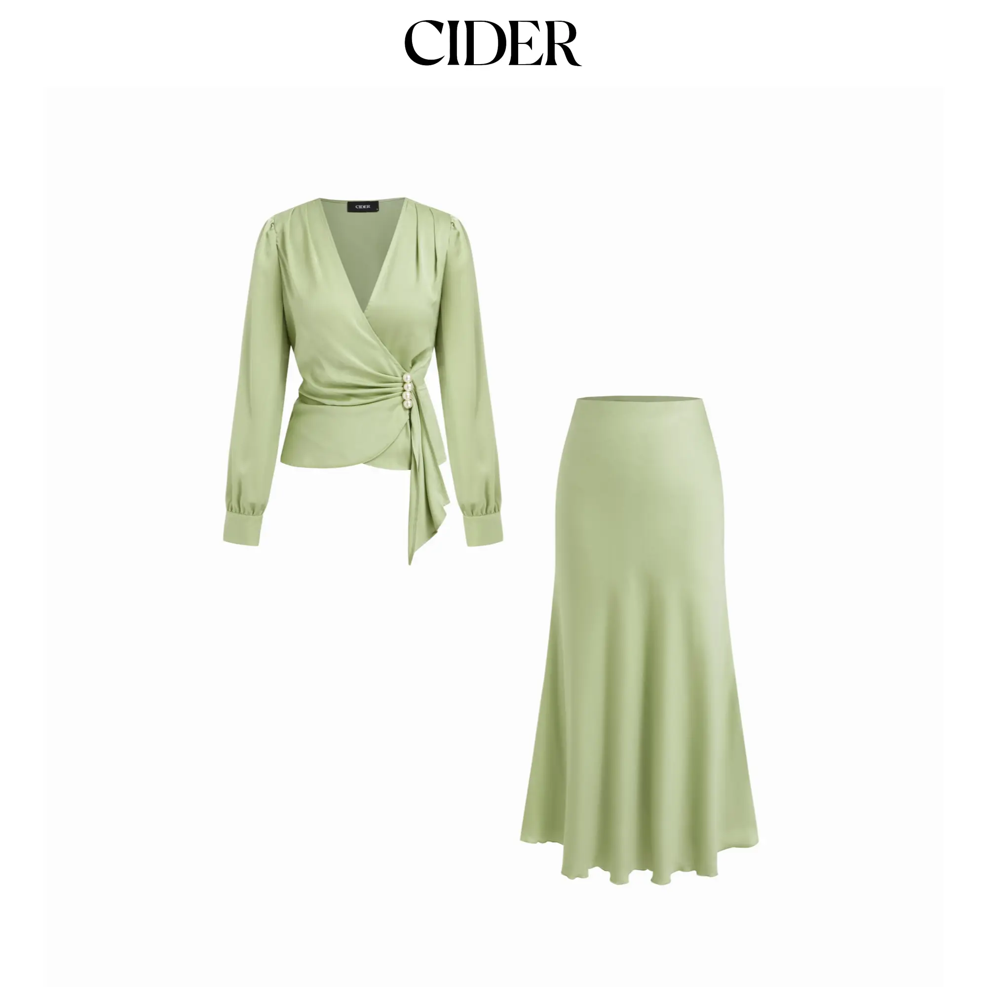 Cider Satin V-neck Draped Pearl Button Top &  Mid Rise Mermaid Maxi Skirt Set