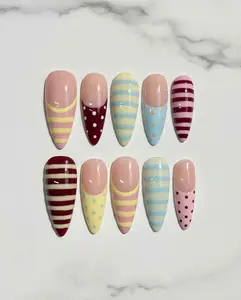 Pastel Stripe & Polka Dot Press On Nails | Almond Reusable Nail Set
