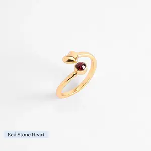 Nice & Bella | Adjustable Open Ring Red Stone Heart Double Crystal Diamonice Gold 18K Plated | 226138, 925398