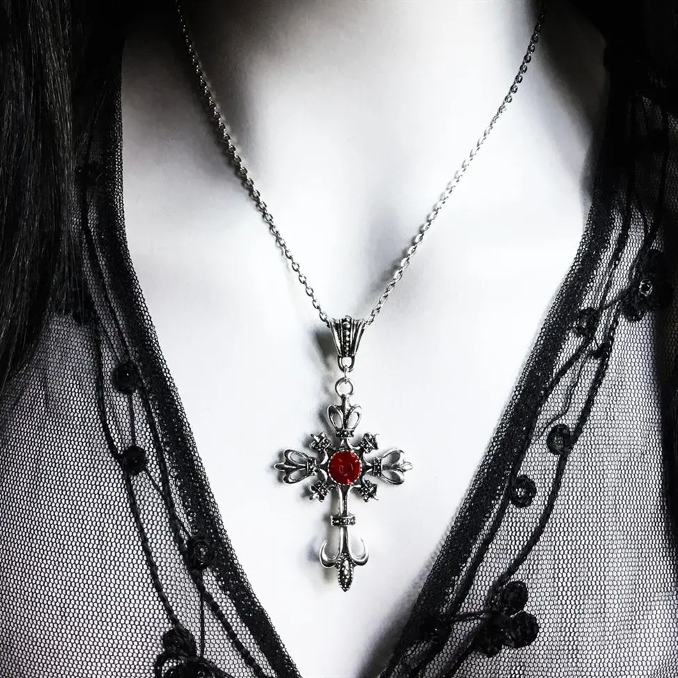 Ornate Cross Pendant Necklace Red Inlaid Crystal Vintage Gothic Style Silver‑Tone Chain Jewelry
