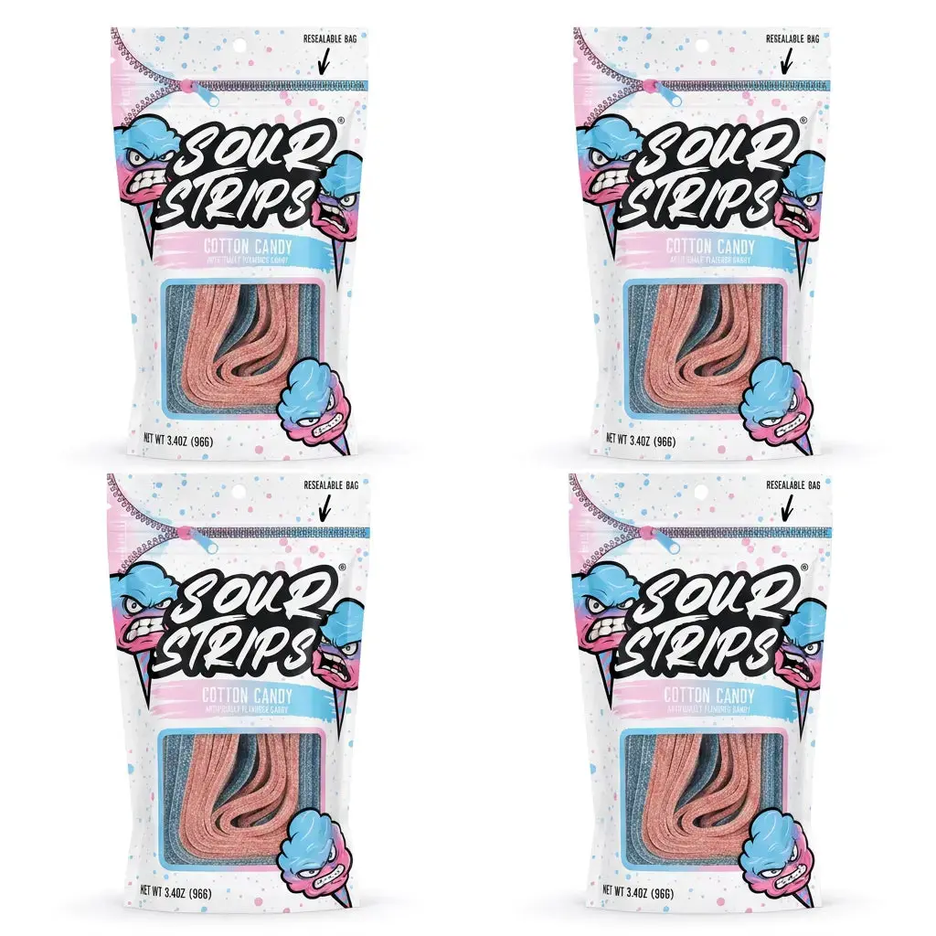 Sour Strips Bite-Sized Chewy Soft Candies Snack, 3.4oz 4-Pack, Cotton Flavor Chewable Treat