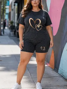 Women's Plus Size Acid Wash Look T Shirt and Shorts Set, Double Heart Leopard Graphic Print, Casual Two Piece Outfit 1XL-5XL