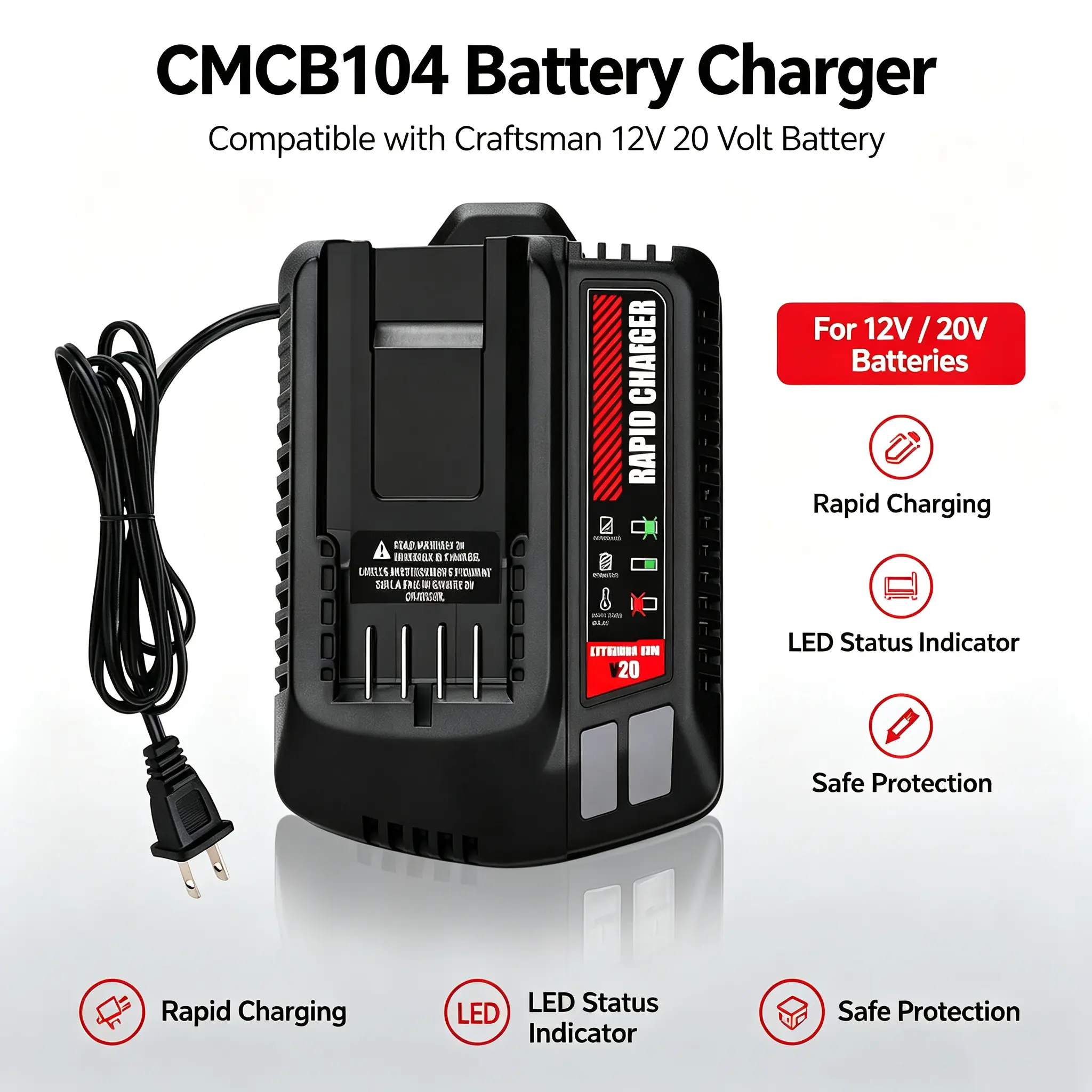 CMCB104 Battery Charger Replace for Craftsman 20V V20 for CMCB201-204 with LED Indicator Intelligent Protection System Compact Portable Design