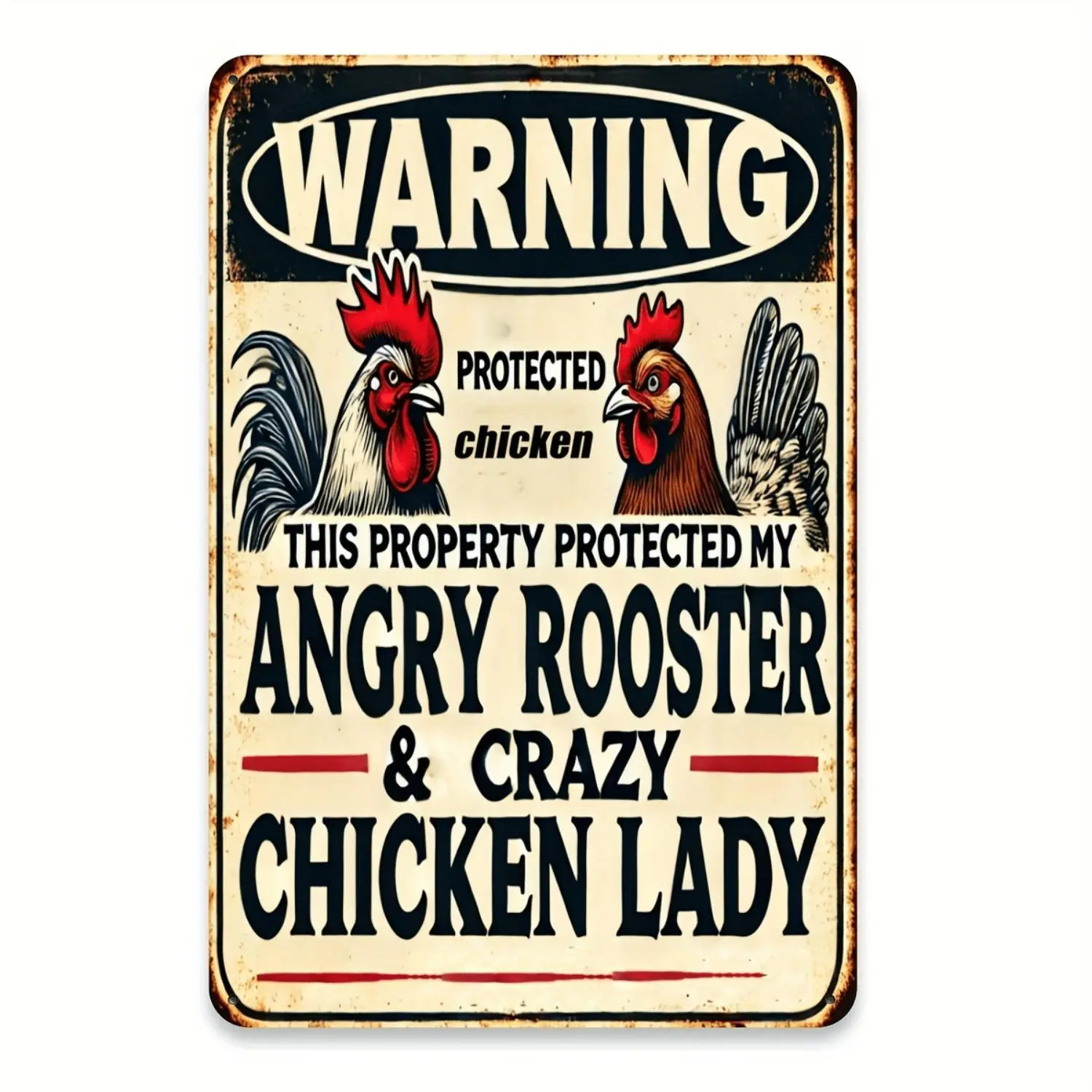 2D Flat - 1pc of Vintage Wall Art Warning: This Property Is Protected by an Angry Rooster - Crazy Chicken Lady Wall Hanging Iron Plaque. A Durable Metal Sign for Nautical And Room Decor, Retro Plaque Decoration