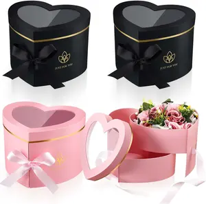 Gueevin 4 Pcs Heart Shaped Boxes for Flowers Floral Boxes with Lids Valentine Gifts Mother's Day Paper Double Layer Rotating Packaging for Luxury Style Flower Gift(Black, Pink)