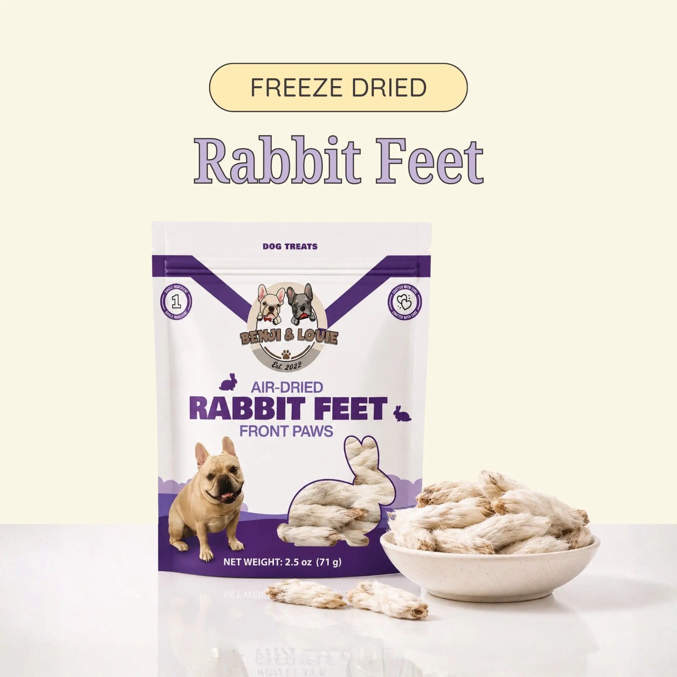 Benji & Louie Air Dried Rabbit Feet Front Paws - 2.5 oz (71 gram), Single Ingredient Treat for Dogs