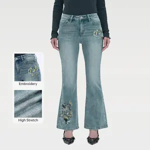 Lilyflutter Floral Embroidered Jeans for Women Mid Rise Retro High Stretch BBL Denim Flared Jeans