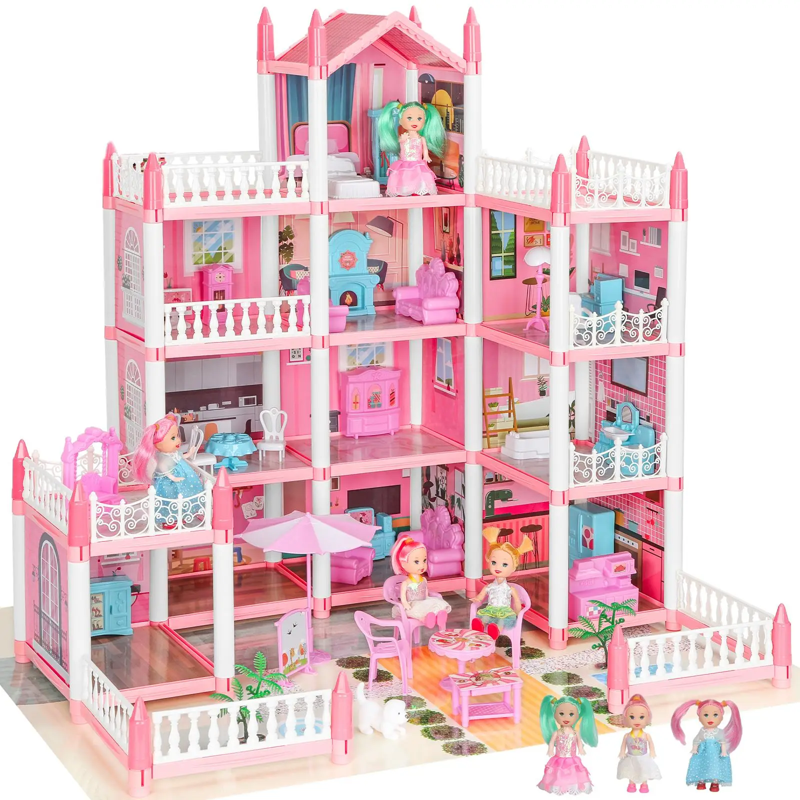 Play House Set with Light & Furniture, 1 Set 4-floor Self Assemble Princess Role Play Pretend Play Toy, DIY Mini Playhouse Builds Toy Set for Gift, D