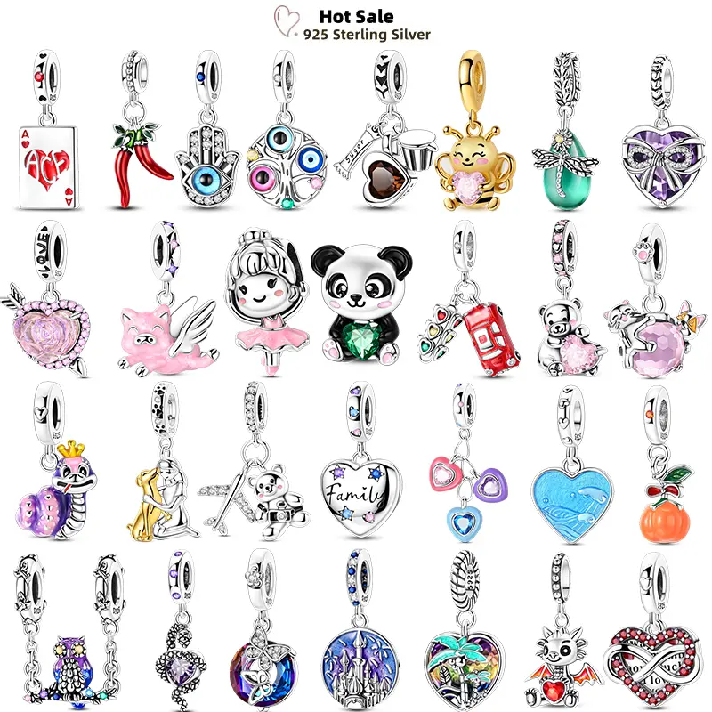 925 Sterling Silver Handmade Love Heart Charms Beads - Cute Cat, Panda, Poker Designs - Female Phone Charm Pendant for Original Bracelets, DIY Jewelry Gifts