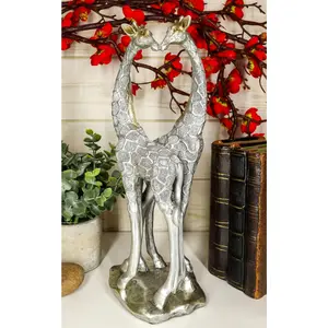 Ebros Large Silver Giraffe Lovers Couple Statue 12.5" Tall Safari Savannah Standing Giraffe Husband and Wife with Heart Shaped Neck Figurine Decor for Valentine's Day Anniversary Birthday Gift