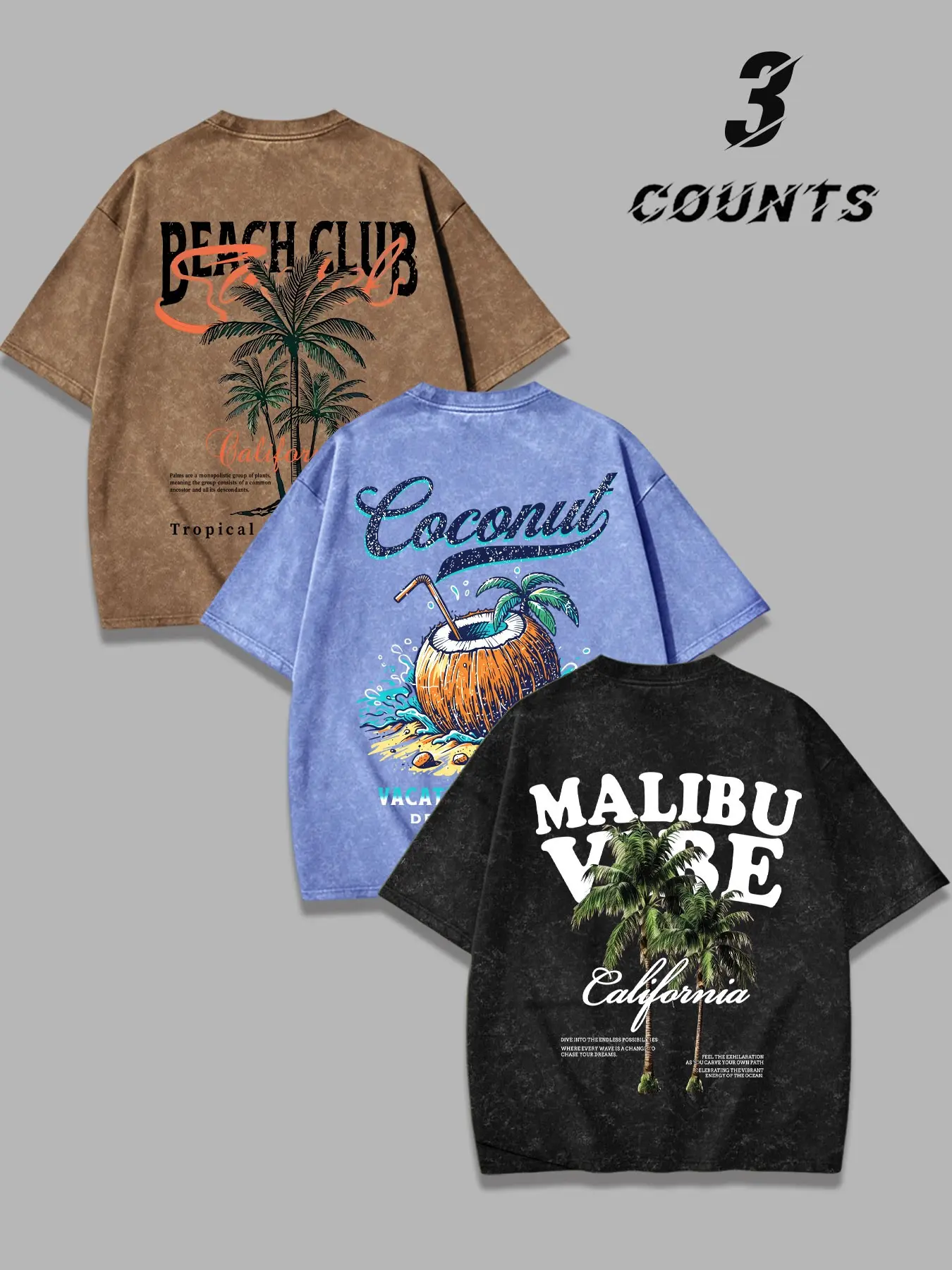 Men's Vintage Short Sleeve Washed T-Shirt, West Coast & Coconut & Sunset & Tropical Print, American Streetwear, Casual Fashion Loose-Fit Oversize Tee, Casual Summer Clothing