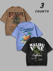 3-Pack West Coast Palm Sunset Print Short Sleeve Men's Vintage Washed T-Shirts, American Streetwear Fashion, Loose-Fit Casual Top