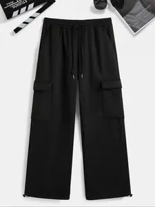 Men's Loose Solid Pocket Drawstring Waist Cargo Pants, Casual Comfy Zipper Cargo Pants for Daily Outdoor Wear, Baggy Trousers, Casual Street Style Menswear Beige Outfits Plain Light Gray Black