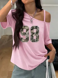 Womens Asymmetrical Off Shoulder T Shirts 2026 Trendy Camo Number 98 Graphic Tees Half Sleeve Loose Fit Casual Tops Y2K Streetwear for Summer Daily Going Out Soft Comfy Multiple Colors Available