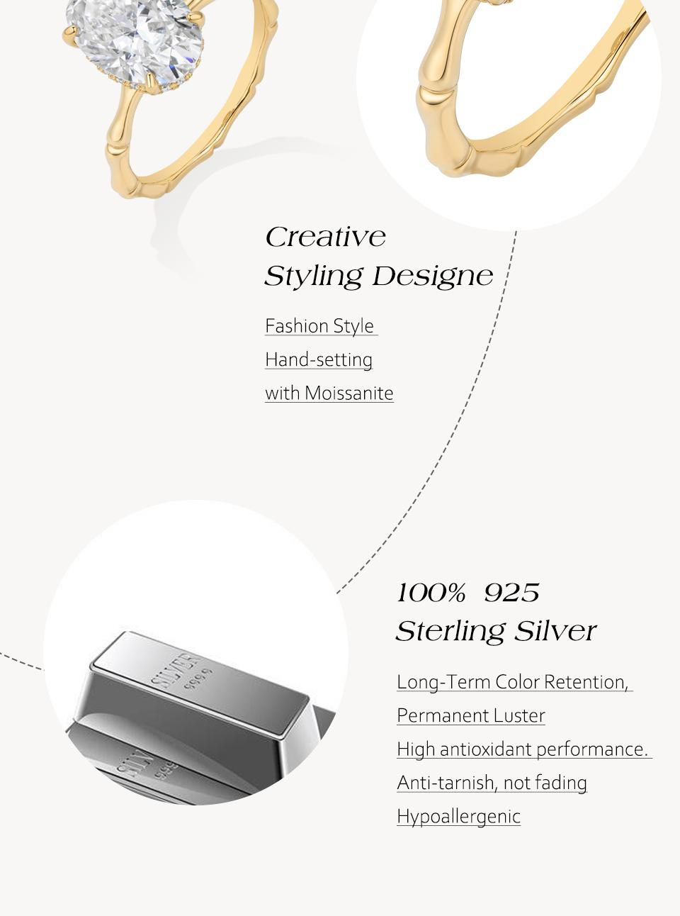 ATTAGEMS Bamboo Design 4.5CT Oval Cut Lab-Grown Moissanite Ring for Women 18K Gold Plated Ring Engagement & Wedding Rings Anniversary Gift Fine Jewelry New R431 tiktokshopbacktoschool