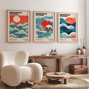 3pcs/set Unframed Japanese Canvas Poster Hokusai Big Wave and Sunrise Print Wall Art Poster for Modern Living Room Dorm Room Home Aesthetic Decor Western Wall Art