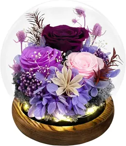 FIACO Preserved Real Rose Glass Dome Gift, Long-Lasting Eternal Flowers for Mom Women Birthday Mother's Day, Purple Forever Fresh Roses for Her