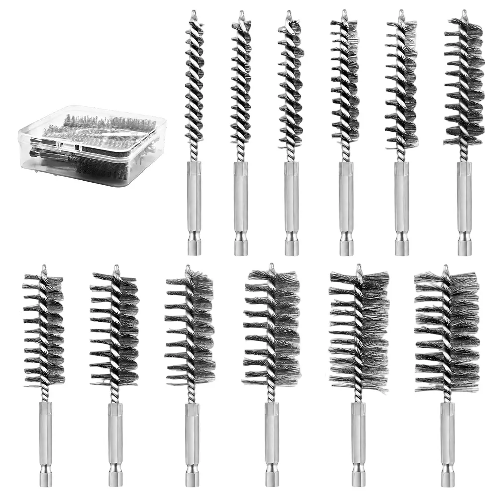 12Pcs Multi-Size Stainless Steel Wire Bristles Drill Brush Set, 1/4-Inch Hex Shank, 5/16"-1-3/16" Sizes, Compatible with Power Drill & Impact Driver - Home Improvement Building Supplies