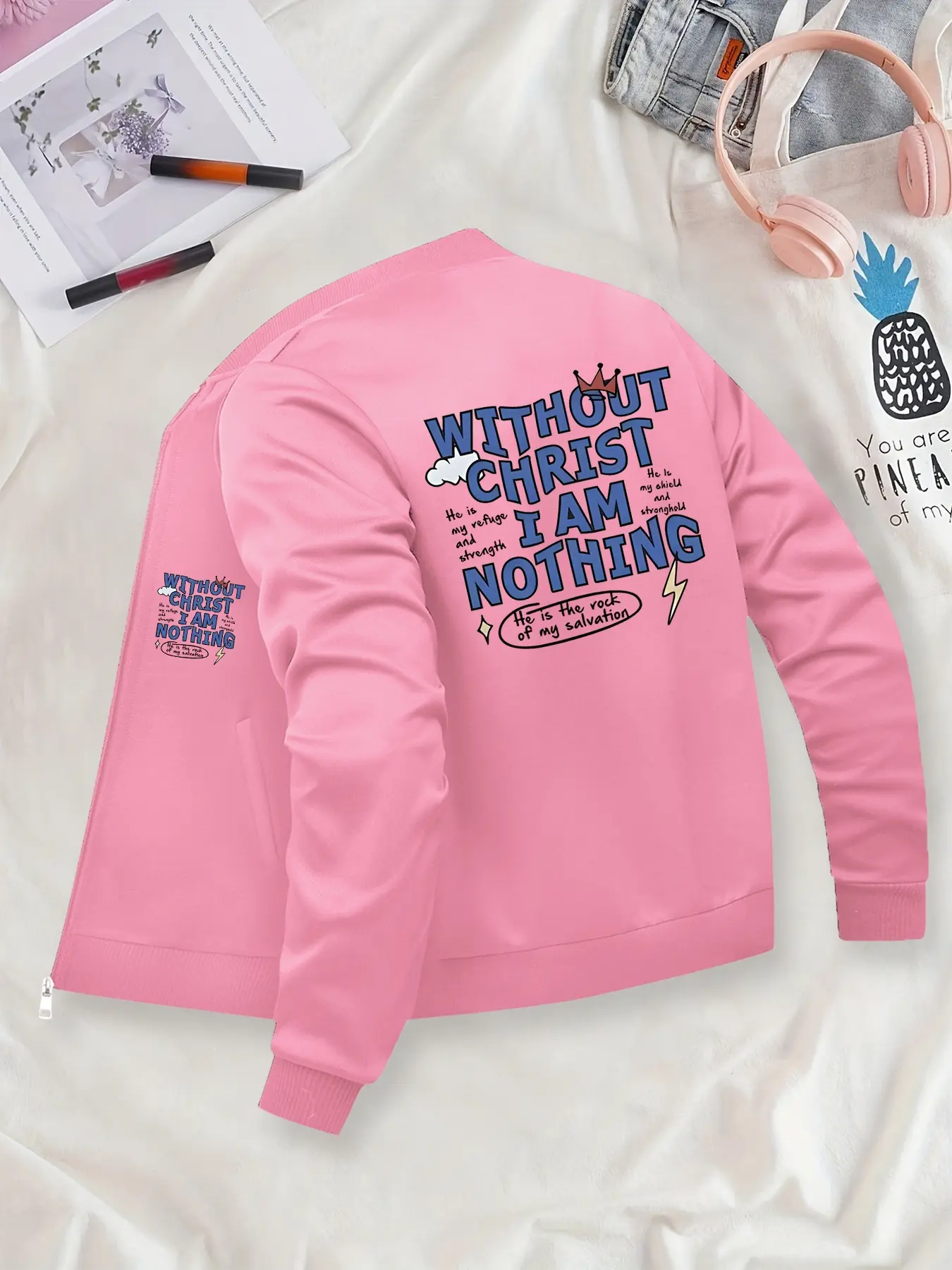 Christian Themed Bomber Jacket, Graphic, Tailored Fit - "Without Christ I Have Nothing" Casual Outerwear, Suitable for Casual Outdoor Sports, Fashionable & Durable for All Seasons, Ideal for Daily Activities, Gifting & Work.