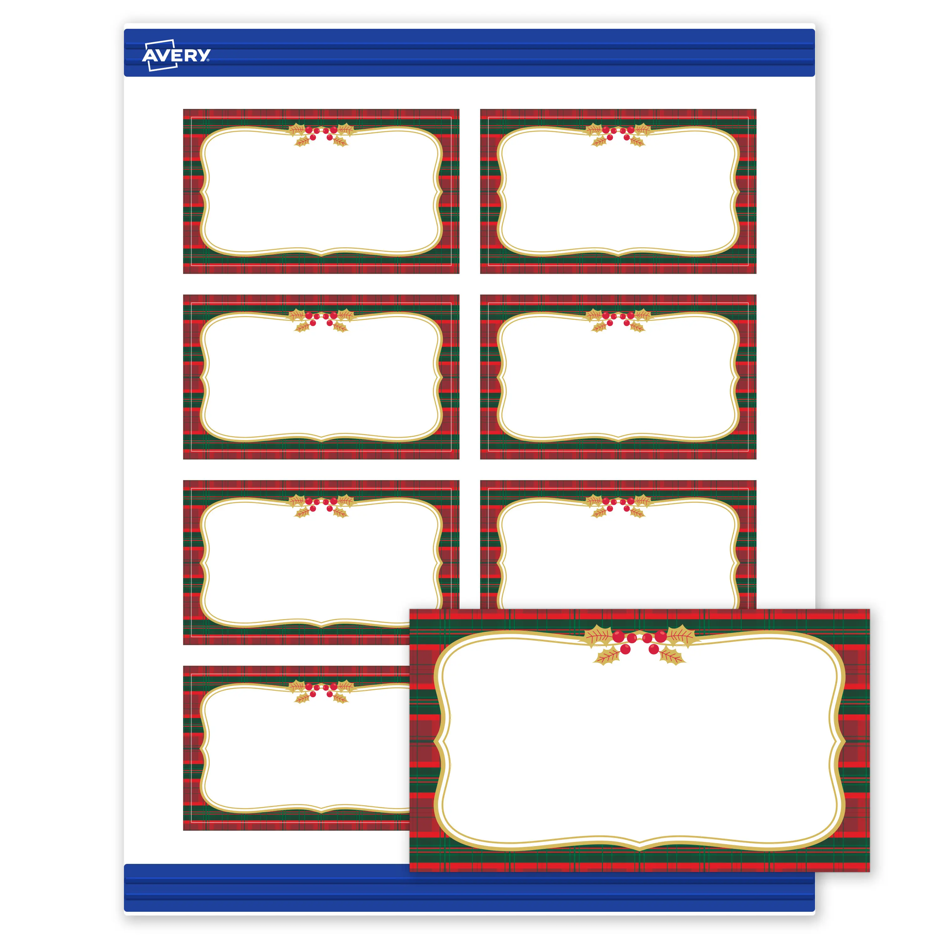 Avery® Printable Christmas Business Cards with Sure Feed® Technology, Rectangle, 2" x 3-1/2", Pre-Printed Red & Green Plaid with Metallic Gold Frame, Matte White, Laser & Inkjet Compatible, 80 Total