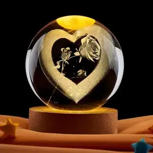 3D Galaxy Crystal Ball Night Light, with a colored LED lamp base, color-changing lights and comes with a remote control, suitable as a birthday gift for teenage boys and girls, heart-shaped rose model, for holiday parties, proposals, Mother's Day