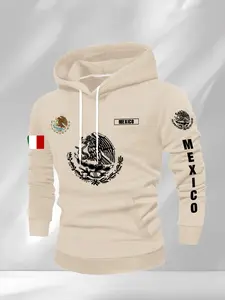 Men's Eagle Letter Graphic Print Drawstring Fleece Hoodie, Fall & Winter Casual Streetwear, Long Sleeve Fitted Pullover Sweatshirt