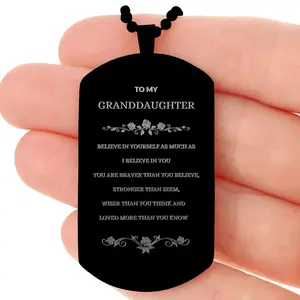 Granddaughter Engraved Black Dog Tag, Motivational Heartfelt Birthday, Christmas Holiday Gifts For Granddaughter, You are Braver than you Believe, Loved More than you Know