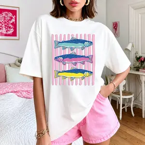 Pastel Stripes Fish Group Graphic Tee Vintage Casual Cotton Women Daily T-shirt