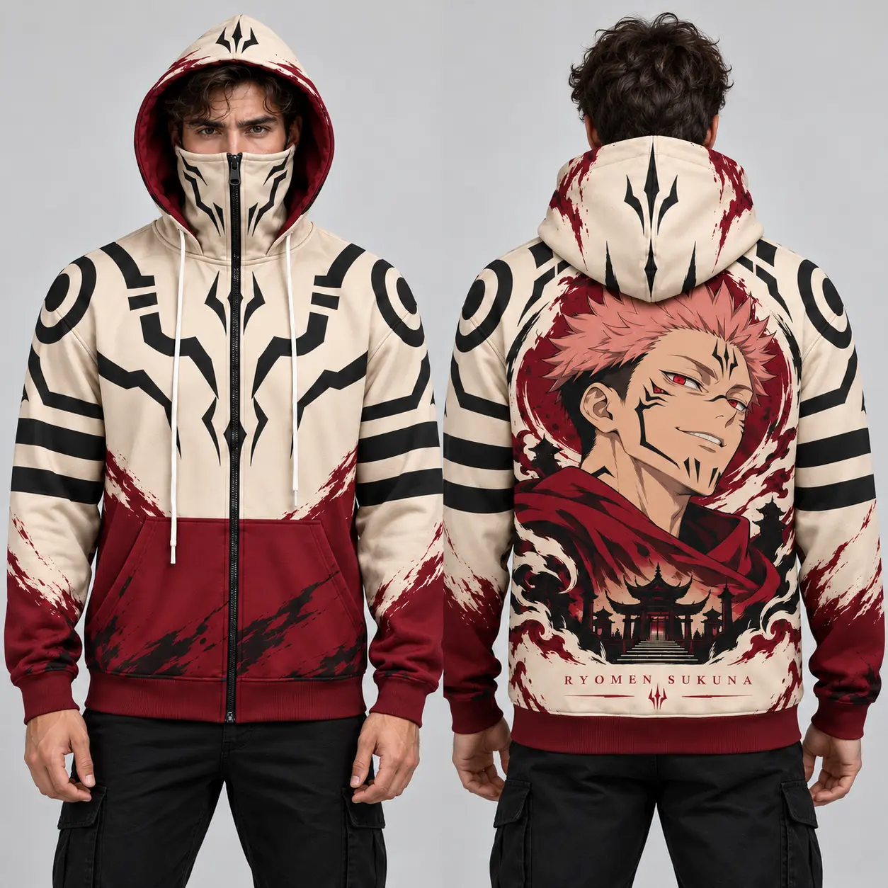 Ryomen Sukuna Jujutsu Kaisen All Over Print Zip Up Hoodie with Integrated Face Mask, Anime Streetwear