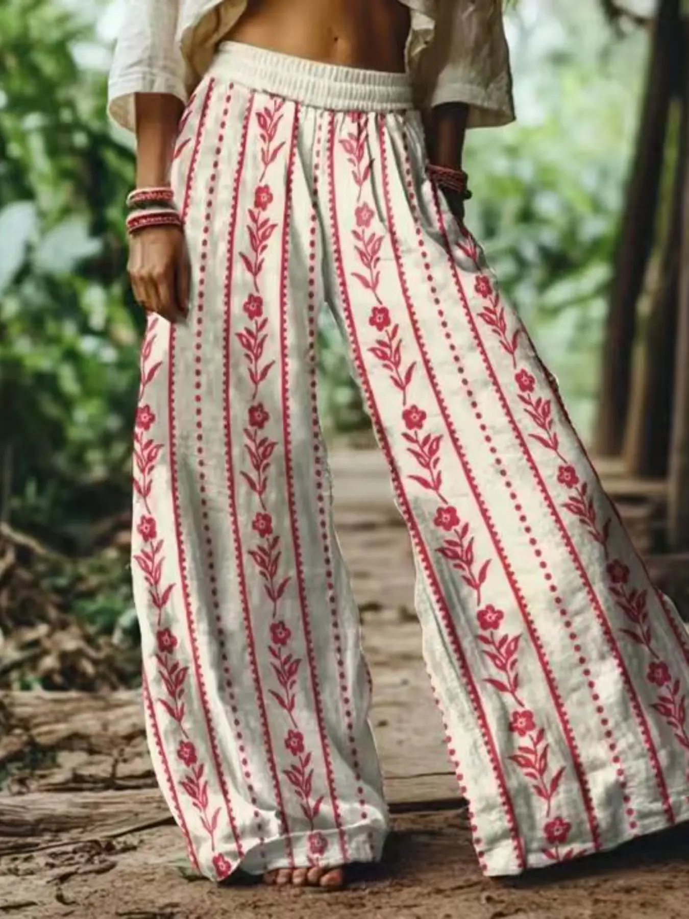 Women's Boho Bohemian Floral Print Casual Loose Long Wide Leg Elastic Pants, Comfortable Breathable Fabric, Ideal for Vacation, Home, Daily Wear, Suitable for Spring Summer Fall