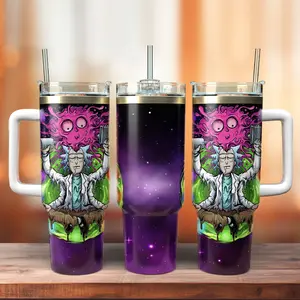 Zen Rick and Morty 40oz Tumbler, Meditating Mad Scientist Purple Galaxy Travel Mug, Trippy Space Cup