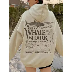 Women's casual home wear hooded sweatshirt, marine creature whale shark print, loose and fashionable pullover, suitable for all seasons, autumn and winter clothing