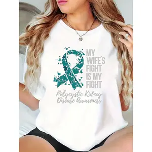 Women's White T-Shirt Teal Heart Ribbon Polycystic Kidney Disease Awareness "My Wife's Fight Is My Fight" Casual Daily Support Tee for PKD Advocacy