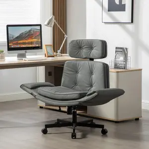 Eyisean 34" PU Leather 360° Swivel Criss Cross Chair, Comfy Vanity Cross Legged Chair with Wide Seat & Adjustable Armrest, Modern Home Office Desk Chairs with Removable Headrest for Bedroom, Office