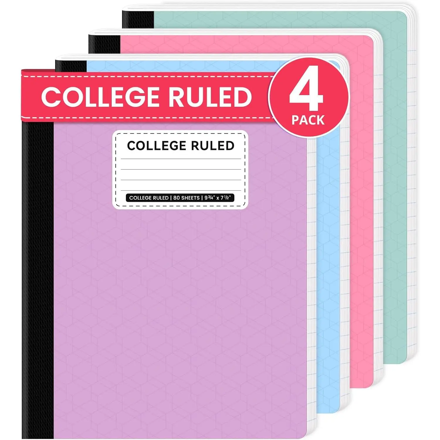 Composition Notebooks College Ruled, 4 Pack Aesthetic Composition Notebooks, 160 Pages (80 Sheets), 9-3/4" x 7-1/2", Pastel Colors, Perfect for School, Office and Note Taking