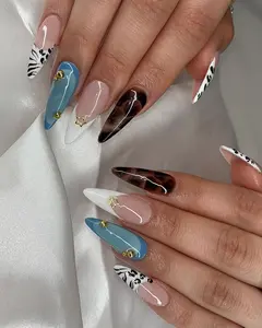 Handmade Abstract Press On Nails, Brown Blue Gradient Nail Art with Dots & Jelly Finish, Tortoise Shell Nails, Autumn Nails, Short Nails