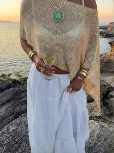 Summer Boho Knit Shawl for Women, Lightweight Breathable Asymmetric Hem Beach Cover-Up, Swimsuit Cover Up, Loose-Fitting Plain Pattern
