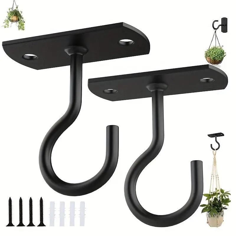 Easy Install 2pcs Black Wall Mount Hangers - Ceiling Hooks for Plants, Bird Feeders & Decor, Lights, Lanterns & Wind Chimes, Wall Plant Holder