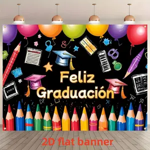 Vibrant Spanish Graduation Banner with Colorful Pencils, Bachelor Caps & Balloons - Polyester Backdrop for School Celebrations, Graduation/Birthday Photo Props, and Party Decorations, Graduation Part