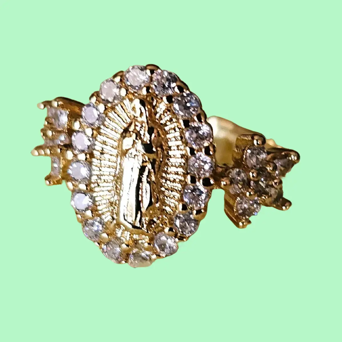 R7-Virgen de Guadalupe Ring Size #9 Adjustable with Side Flower CZ Accents Gold Plated Non-Water Resistant 4 Grams Elegant Design