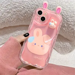 Cute Cartoon 3D Transparent Pink Rabbit Green Frog Brown Bear Wavy Border Protective Soft Phone Case for iPhone 15 14 13 12 11 Pro Max XS Max X XR Soft Cover